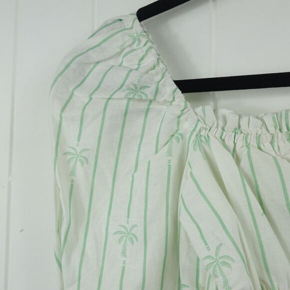 Charlie Holiday Linen Cotton Smocked Mini Dress Stripes Palm Trees Size 2 - Picture 3 of 11
